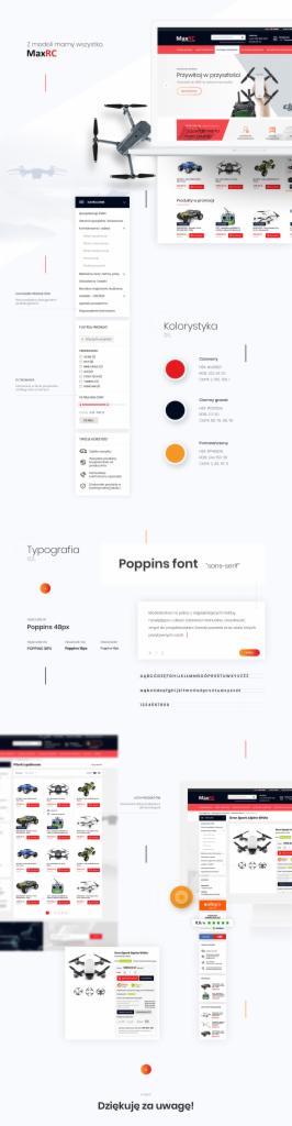 Projekt strony internetowej prezentujący sklep z dronami i akcesoriami, z uwzględnieniem kolorystyki, typografii i układu elementów interfejsu użytkownika.