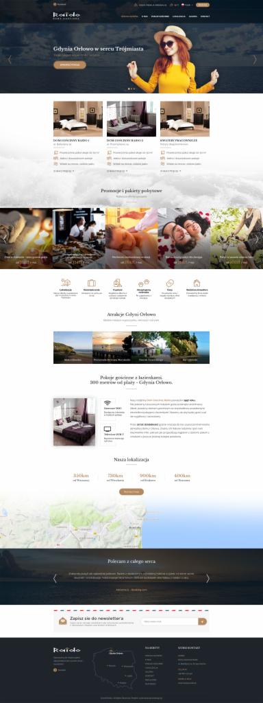 Zrzut ekranu strony internetowej hotelu Raido z Gdyni Orłowo, prezentujący ofertę pokoi, promocje, atrakcje i lokalizację.