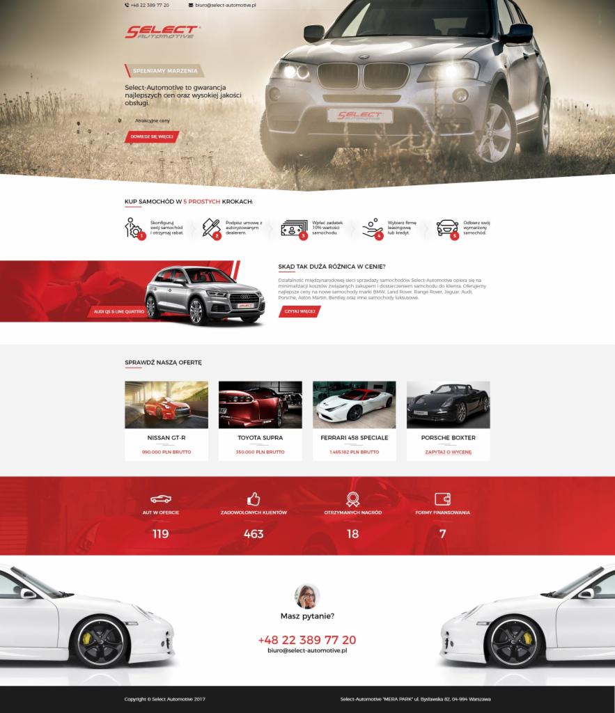 Strona internetowa firmy Select Automotive prezentująca ofertę sprzedaży samochodów luksusowych, z nagłówkiem przedstawiającym BMW X3 na tle rozmytego krajobrazu, sekcją z pięcioma krokami zakupu...