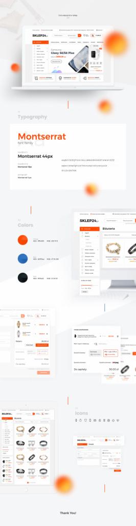 Kompozycja prezentująca elementy interfejsu e-commerce, w tym widok strony głównej z ofertą telefonów, typografię Montserrat, paletę kolorów oraz widoki kategorii i koszyka na laptopie i tablecie...