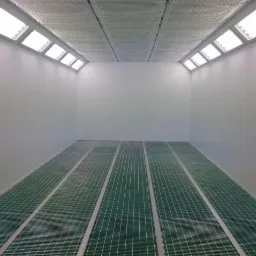 Pusta, czysta komora lakiernicza z kratą podłogową i jasnym oświetleniem sufitowym.