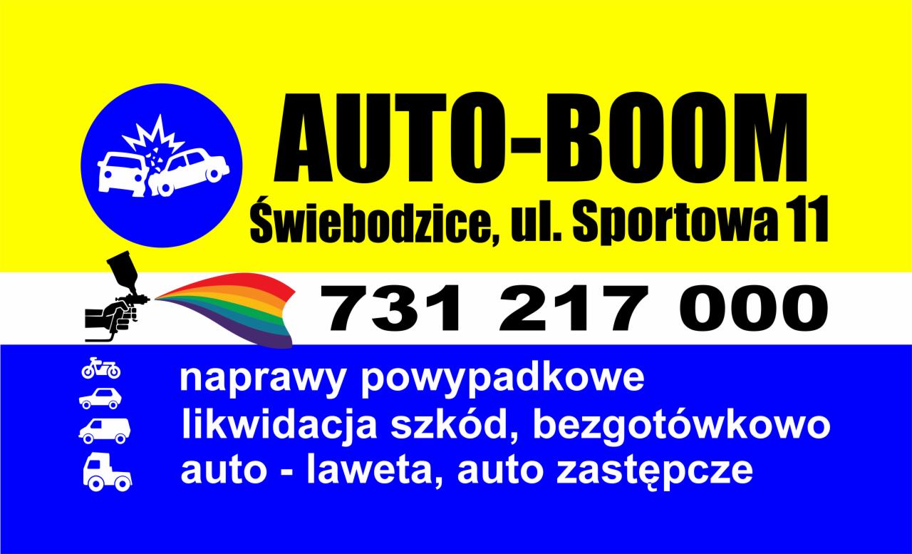 Reklama warsztatu samochodowego AUTO-BOOM z Świebodzic, oferującego naprawy powypadkowe, likwidację szkód bezgotówkowo, auto-lawetę i auto zastępcze. Na żółto-niebieskim tle logo z dwoma...