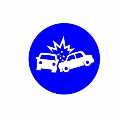 Ikona przedstawiająca dwa białe samochody po zderzeniu na niebieskim tle koła.