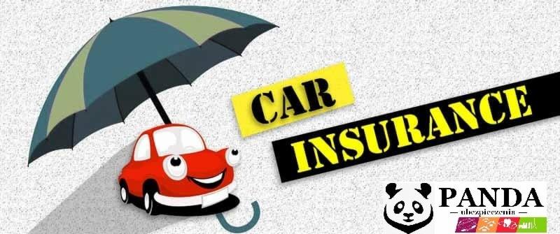 Kreskówkowy czerwony samochód z uśmiechem pod parasolem, obok napis CAR INSURANCE i logo firmy Panda Ubezpieczenia.