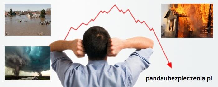 Mężczyzna z zatkanymi uszami, odwrócony tyłem, na białym tle, z nałożonym wykresem spadkowym i miniaturami przedstawiającymi powódź, pożar i tornado, w prawym dolnym rogu adres strony internetowej...
