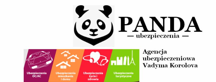 Logo agencji ubezpieczeniowej Panda z ikonami przedstawiającymi różne rodzaje ubezpieczeń: samochodu, domu, życia i turystyczne.
