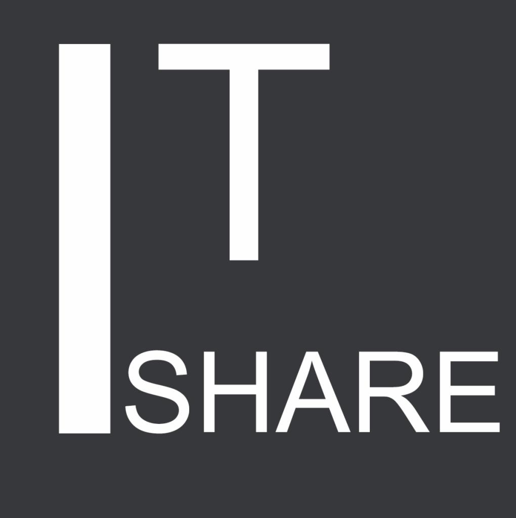 Białe logo 'IT SHARE' na ciemnoszarym tle, minimalistyczny design.