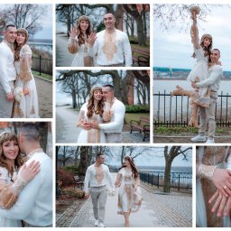 Kolaż z sesji ślubnej pary w strojach ludowych z elementami złotej ornamentyki, na tle parku i rzeki. Ujęcia z bliska i w plenerze, prezentujące detale i emocje.