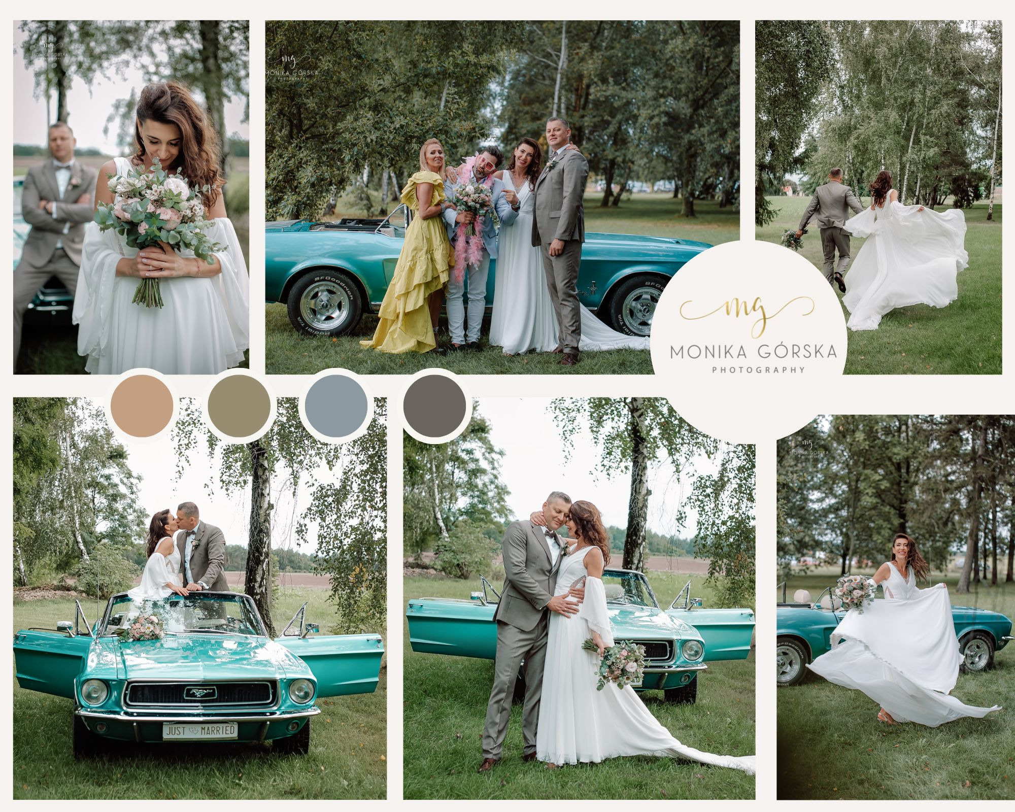Kolaż zdjęć ślubnych z parą młodą, gośćmi i turkusowym Fordem Mustangiem z napisem 'Just Married' w plenerze, logo fotografa w centrum.