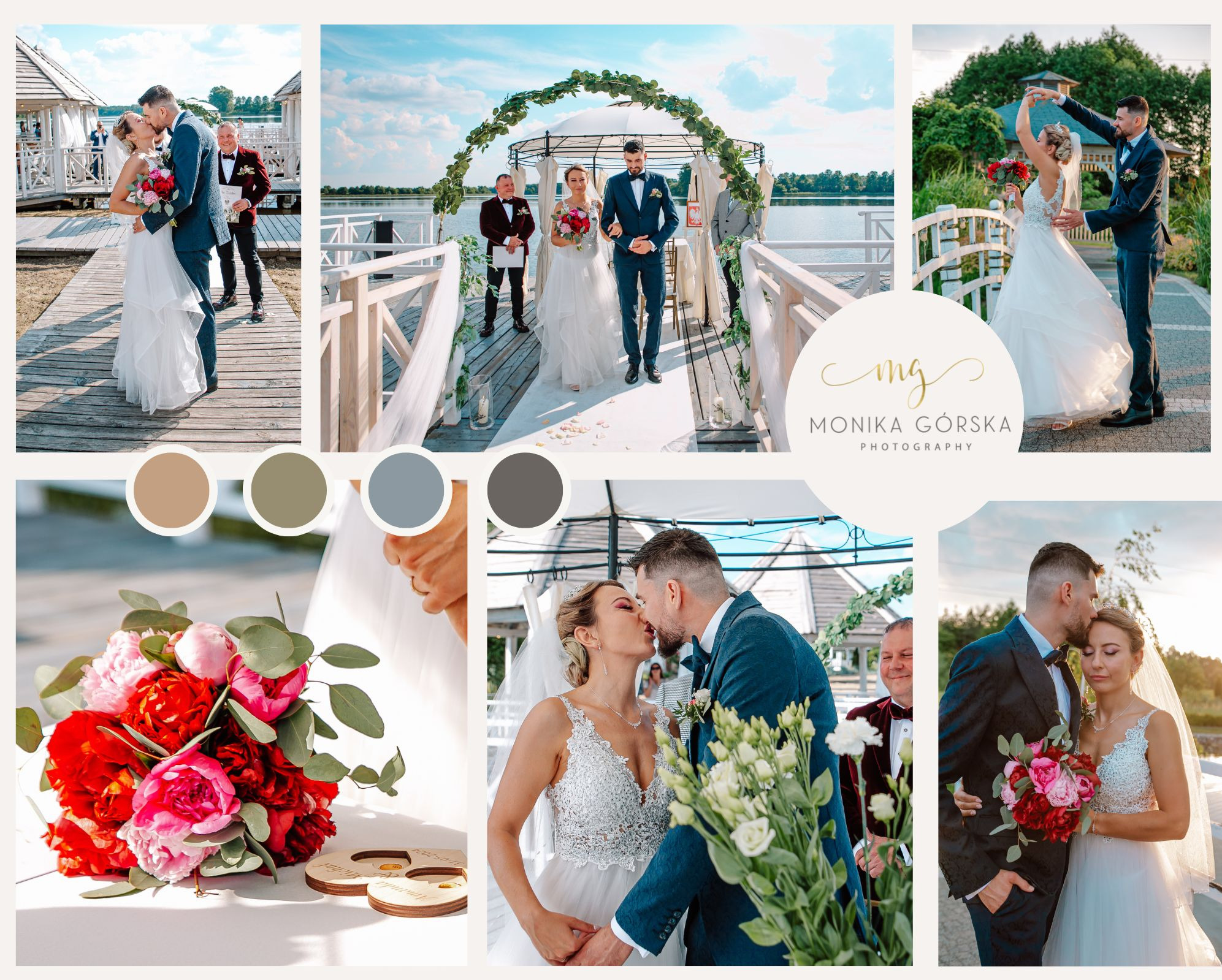 Kolaż zdjęć z ceremonii ślubnej: para młoda w różnych ujęciach, bukiet ślubny z czerwonych i różowych piwonii, logo fotografa Monika Górska Photography.