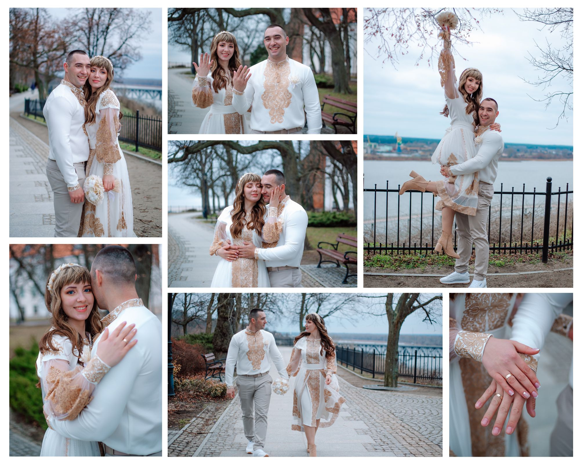 Kolaż z sesji ślubnej pary w strojach ludowych z elementami złotej ornamentyki, na tle parku i rzeki. Ujęcia z bliska i w plenerze, prezentujące detale i emocje.
