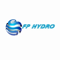 Graficzne logo firmy FP HYDRO: niebieska kula z białymi pasami i stylizowany napis 'FP HYDRO' w odcieniach niebieskiego na białym tle.
