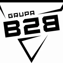Czarne logo firmy 'Grupa B2B' z elementami graficznymi w kształcie trójkątów na białym tle.