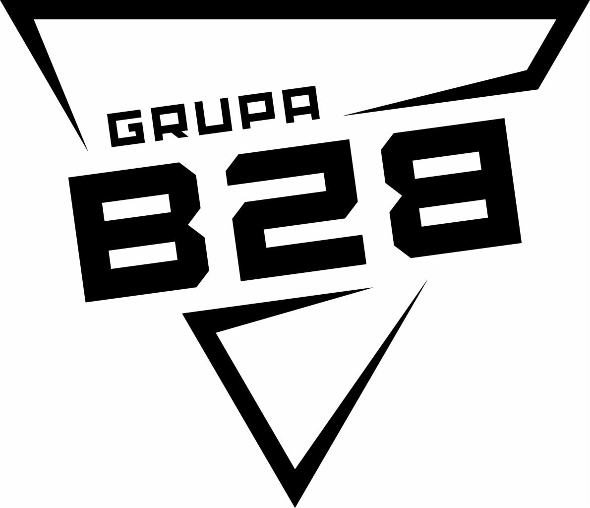 Czarne logo firmy 'Grupa B2B' z elementami graficznymi w kształcie trójkątów na białym tle.
