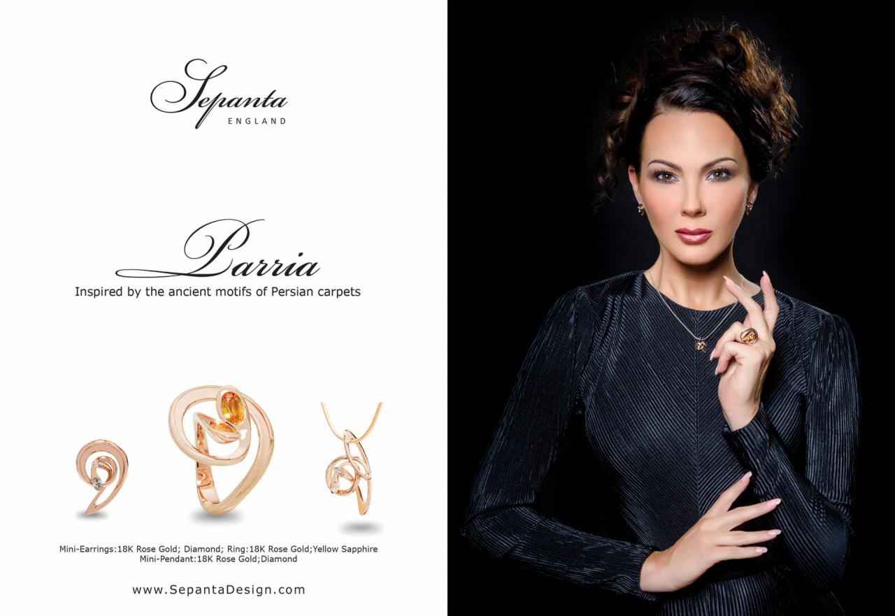 Elegancka kobieta prezentuje złotą biżuterię: kolczyki, pierścionek z żółtym szafirem i wisiorek na tle czarnego tła, obok logo Sepanta Design i nazwy kolekcji Parria.