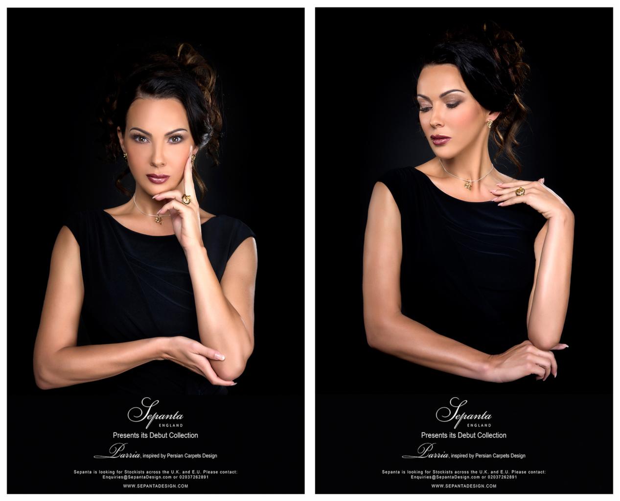 Dwa ujęcia tej samej modelki prezentującej biżuterię z nowej kolekcji na czarnym tle, widoczne kolczyki, naszyjnik i pierścionek.