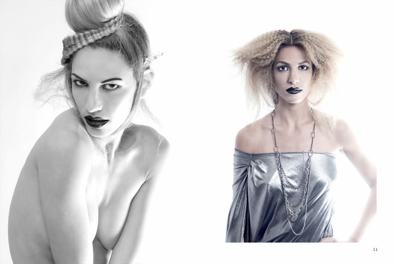 Dwie modelki na studyjnym portrecie z miejscowości Gdów: jedna w czerni i bieli z upiętymi włosami, druga w srebrnej sukience z długim naszyjnikiem, obie z ciemną szminką.