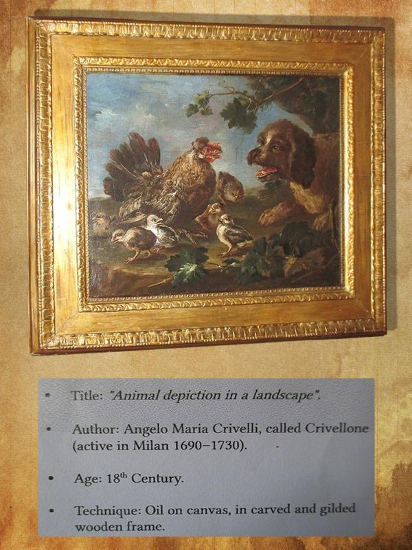 Oprawiony obraz olejny z XVIII wieku przedstawiający kurę z kurczętami i psem w krajobrazie, autorstwa Angelo Maria Crivelli, z informacją o tytule, autorze, wieku i technice.