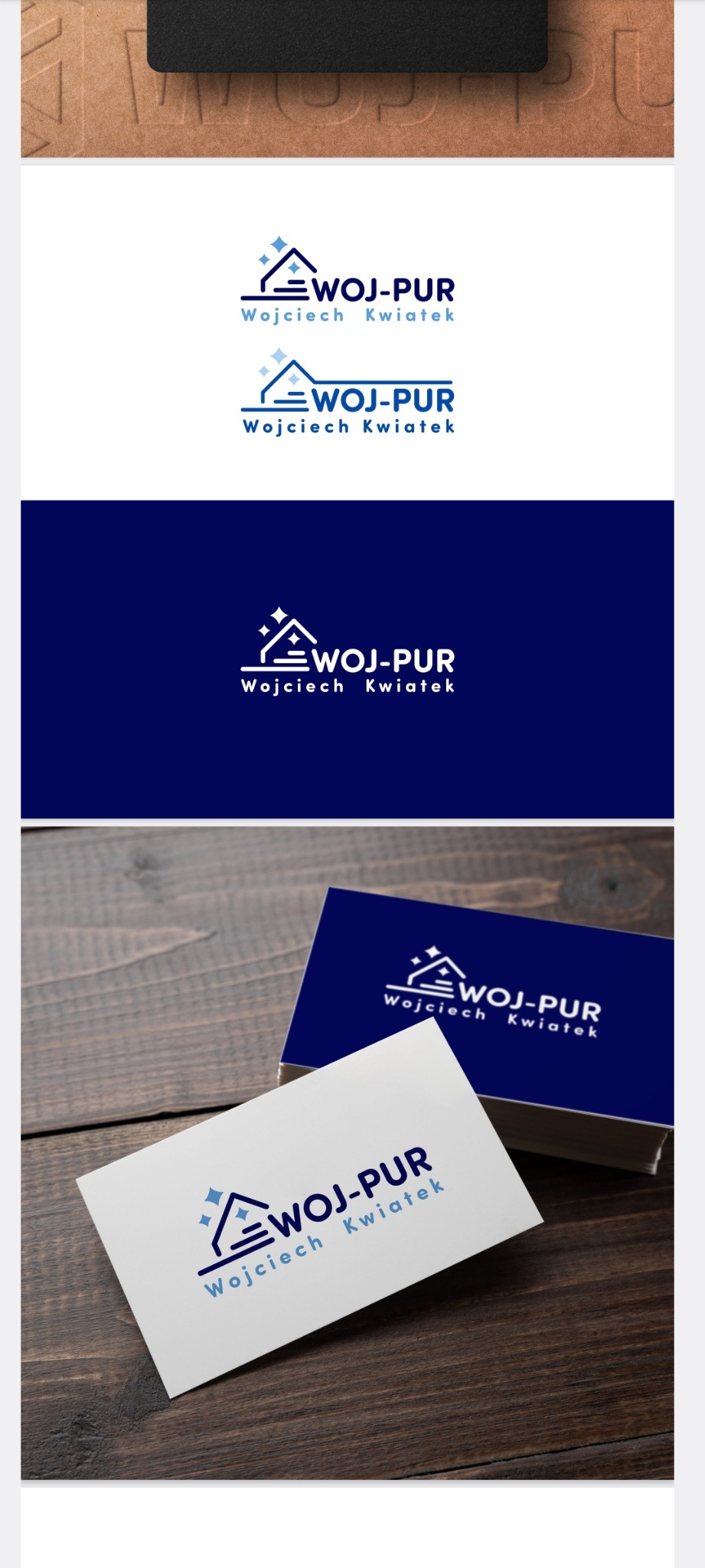 Wizytówki firmy WOJ-PUR z logo przedstawiającym dom z trzema gwiazdkami, na ciemnym i jasnym tle.