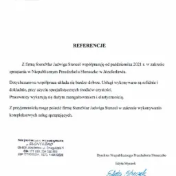 Skan referencji dla firmy sprzątającej od Niepublicznego Przedszkola Słoneczko w Józefosławiu, datowany na 30.09.2022, z tekstem chwalącym solidność i dokładność usług sprzątania.