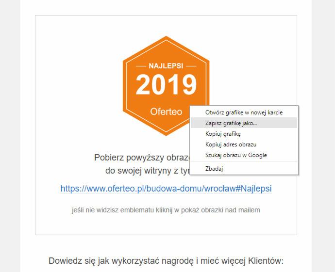 Zrzut ekranu z menu kontekstowego przeglądarki, z widoczną nagrodą Oferteo 'Najlepsi 2019' i opcją 'Zapisz grafikę jako...'