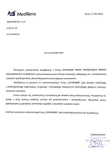 Skan listu referencyjnego dla firmy sprzątającej Stencmar, wystawionego przez Medilens Sp. z o.o., potwierdzający współpracę w zakresie utrzymywania czystości i dezynfekcji pomieszczeń.