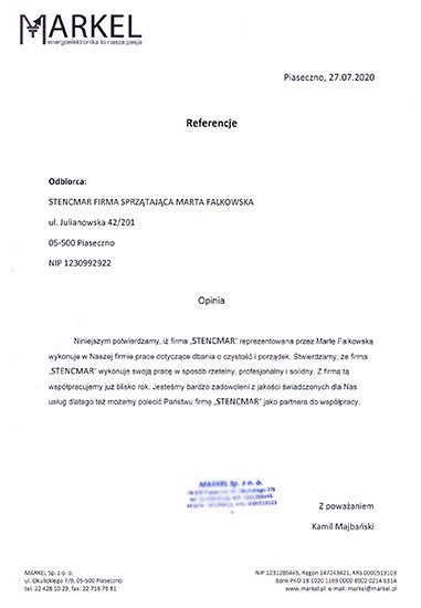 Skan referencji dla firmy sprzątającej STENCMAR od firmy MARKEL, potwierdzający zadowolenie z jakości świadczonych usług sprzątania biur.