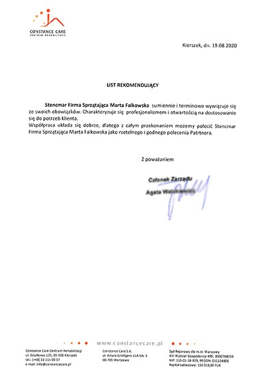 Skan listu rekomendacyjnego dla firmy sprzątającej Marta Falkowska, wystawionego przez Constance Care z datą 19.08.2020, z widocznym podpisem członka zarządu Agaty Walkiewicz.