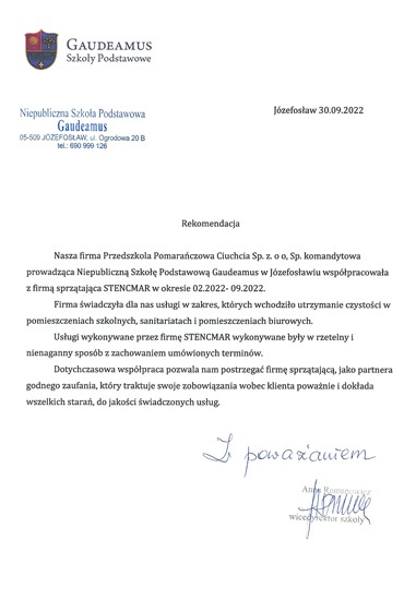 Skan referencji dla firmy sprzątającej STENCMAR od Niepublicznej Szkoły Podstawowej Gaudeamus w Józefosławiu, datowany na 30.09.2022, potwierdzający rzetelne i nienaganne wykonywanie usług...