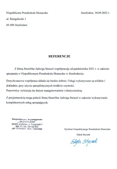Skan referencji dla firmy sprzątającej od Niepublicznego Przedszkola Słoneczko w Józefosławiu, datowany na 30.09.2022, z tekstem chwalącym solidność i dokładność usług sprzątania.
