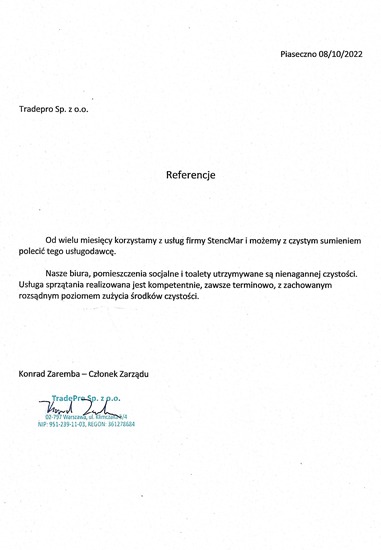 Skan dokumentu referencyjnego dla firmy sprzątającej StencMar, wystawiony przez Tradepro Sp. z o.o., datowany na 08/10/2022, potwierdzający wysoką jakość świadczonych usług sprzątania biur...