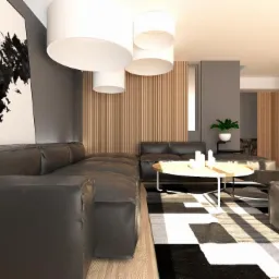 Wizualizacja salonu z dużym, narożnym, skórzanym kanapą w kolorze grafitowym, okrągłym stolikiem kawowym z białym blatem i metalowymi nogami, lampami sufitowymi w kształcie walców i abstrakcyjnym...