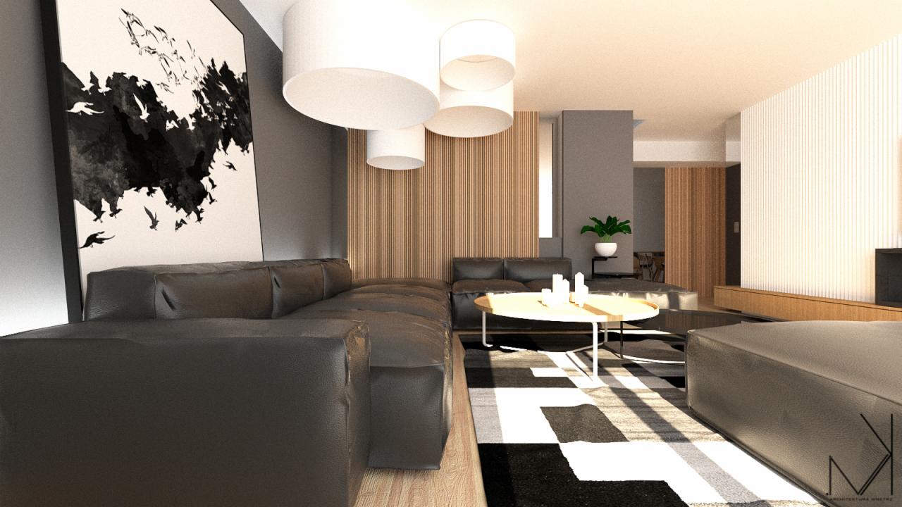 Wizualizacja salonu z dużym, narożnym, skórzanym kanapą w kolorze grafitowym, okrągłym stolikiem kawowym z białym blatem i metalowymi nogami, lampami sufitowymi w kształcie walców i abstrakcyjnym...