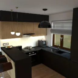 Wizualizacja nowoczesnej kuchni z czarnymi i drewnianymi szafkami, wyspą z hokerami, oświetleniem punktowym i oknem z roletami rzymskimi, widok z góry.