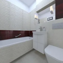 Nowoczesna łazienka z geometrycznym wzorem na płytkach, białą wanną z bordową obudową, białą szafką pod umywalką i wiszącą toaletą.