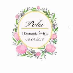 Winietka na Pierwszą Komunię Świętą Poli z datą 12.05.2018, otoczona akwarelowymi kwiatami i liśćmi w odcieniach różu, zieleni i szarości.