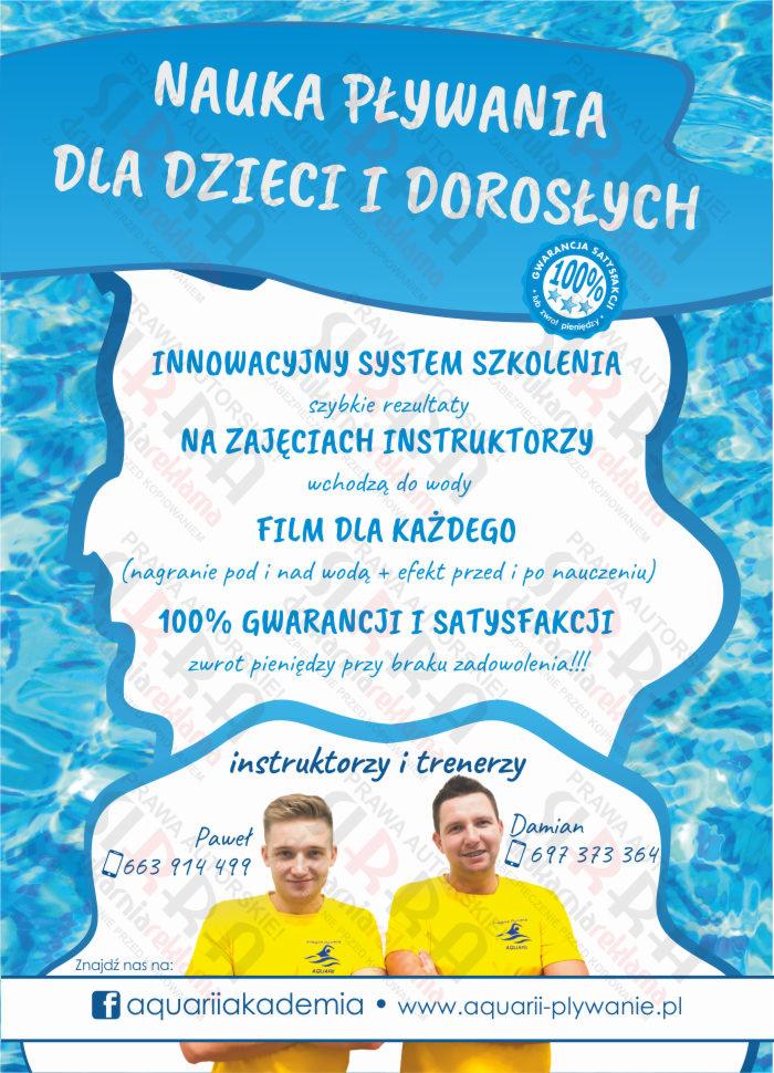 Plakat reklamowy szkoły pływania dla dzieci i dorosłych, oferującej innowacyjny system szkolenia, film z nagraniem pod i nad wodą oraz gwarancję satysfakcji. Widoczni instruktorzy Paweł i Damian...