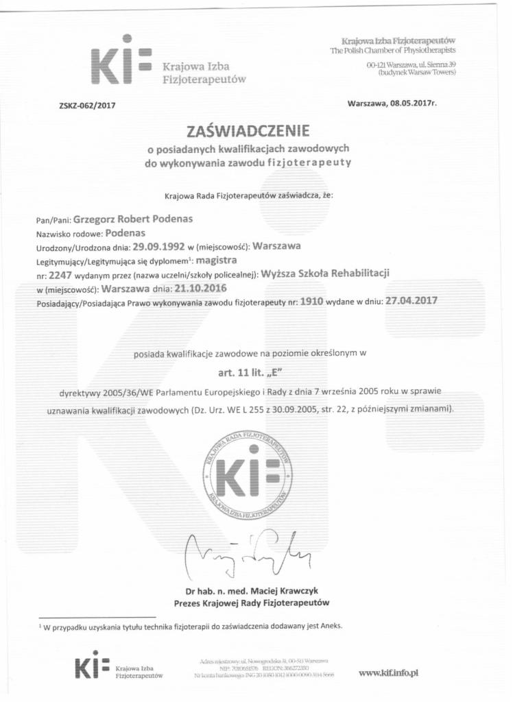Skan zaświadczenia o kwalifikacjach zawodowych do wykonywania zawodu fizjoterapeuty, wydany przez Krajową Radę Fizjoterapeutów, z podpisem dr hab. n. med. Macieja Krawczyka.
