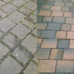 Mobilna Myjnia Mycie Pełną Parą - Porównanie powierzchni kostki brukowej z mchem i dachu pokrytego gontem bitumicznym przed i po czyszczeniu, ukazujące różnicę w kolorze i usunięciu zabrudzeń.