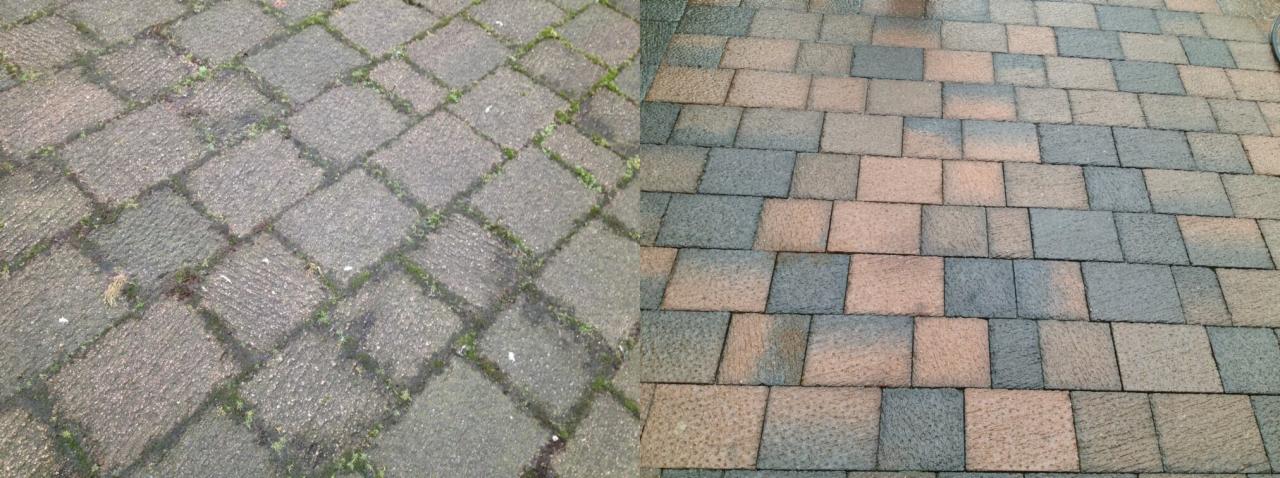 Porównanie powierzchni kostki brukowej z mchem i dachu pokrytego gontem bitumicznym przed i po czyszczeniu, ukazujące różnicę w kolorze i usunięciu zabrudzeń.