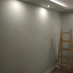 Świeżo pomalowana szara ściana z widocznymi dwoma punktowymi lampami sufitowymi i drewnianą drabiną opartą o ścianę, podłoga wyłożona panelami imitującymi drewno.