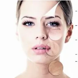 Portret kobiety z nałożonymi okręgami ukazującymi zmiany skórne przed i po zabiegu, z tekstem opisującym spłycenie zmarszczek, odmłodzenie okolicy oczu, zwiększenie gęstości skóry, uniesienie...