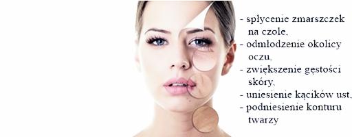 Portret kobiety z nałożonymi okręgami ukazującymi zmiany skórne przed i po zabiegu, z tekstem opisującym spłycenie zmarszczek, odmłodzenie okolicy oczu, zwiększenie gęstości skóry, uniesienie...