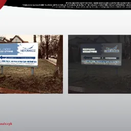 Dwa ujęcia tablicy reklamowej firmy Nordweco z hasłem 'Rozwiązania Interaktywne dla edukacji, administracji i biznesu', umieszczonej na zewnątrz, przed budynkiem.