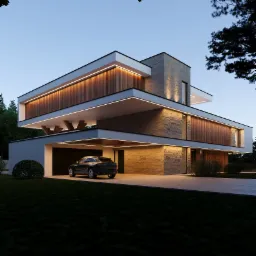 Nowoczesna, dwukondygnacyjna willa z elementami kamienia i drewna, oświetlona listwami LED, z ciemnozielonym samochodem zaparkowanym w garażu, widok o zmierzchu.