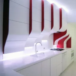 Nowoczesna biała kuchnia z czerwonymi akcentami, oświetleniem LED i falistymi elementami zabudowy.