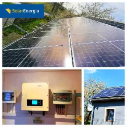 Kolaż zdjęć: panele słoneczne na dachu domu z logo SolarEnergia, falownik i skrzynka bezpieczników wewnątrz budynku, panele na dachu domu z anteną satelitarną.