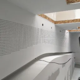 Biała ściana z perforacją akustyczną w regularnym wzorze, widoczne elementy konstrukcji sufitu i fragment instalacji elektrycznej.