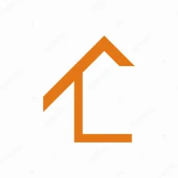 Pomarańczowy, geometryczny symbol domu z ukośnym dachem na białym tle.