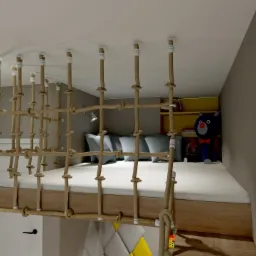 Wizualizacja pokoju dziecięcego z łóżkiem na podeście, zabezpieczonym linową siatką, obok ściana wspinaczkowa i półki z zabawkami.